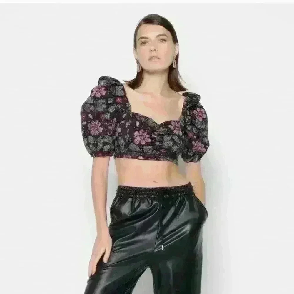 ZARA | Black/purple/Green  Floral Smocked Zip Up Crop Top
